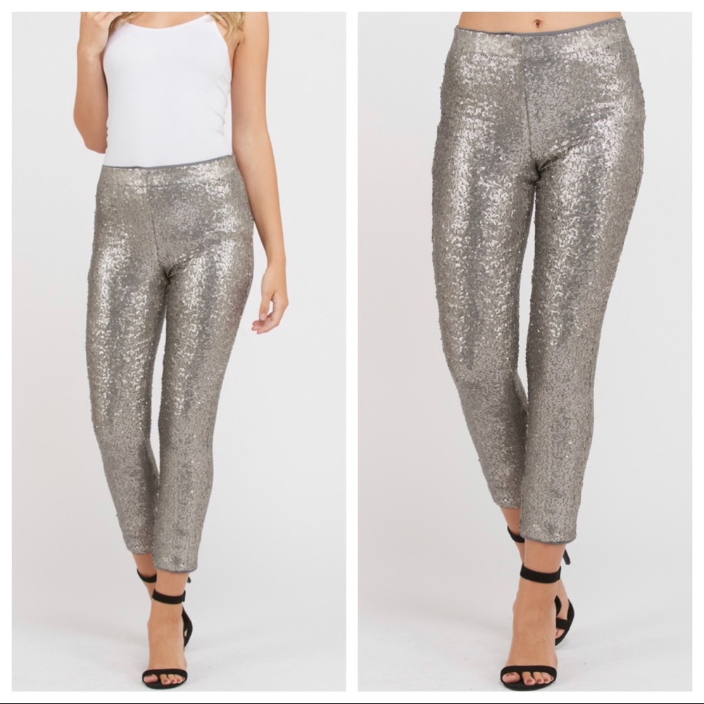 CHIC SILVER SEQUIN SKINNY PANTS - Picture 2 of 3